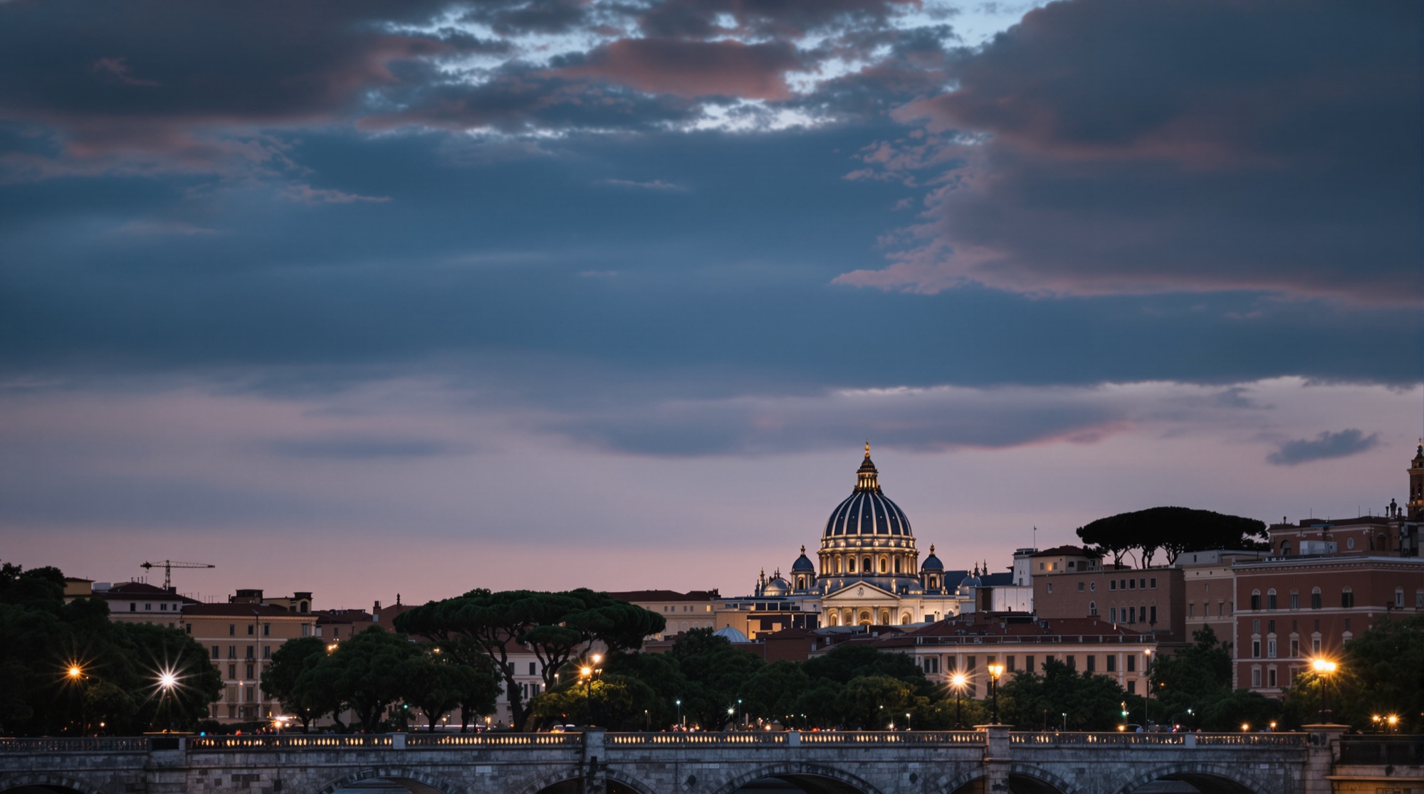 Dome of St Peter's Basilica above the Tiber at sunset